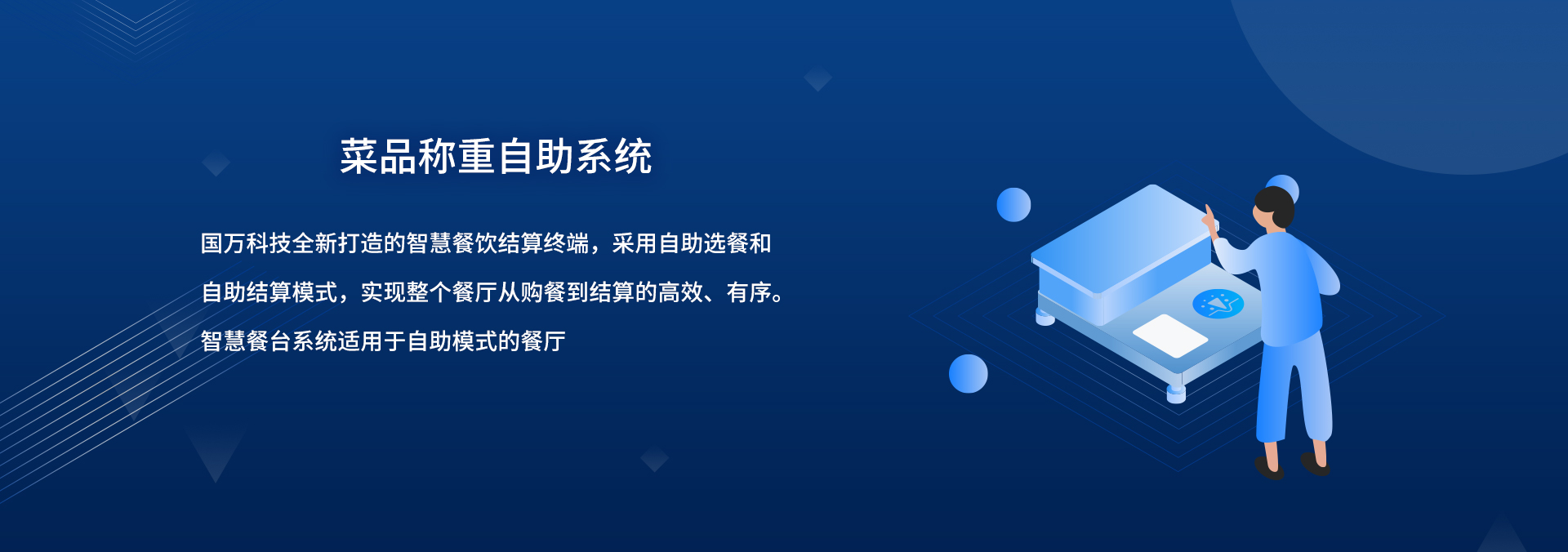 國(guó)萬(wàn)智慧食堂自助餐智能菜品稱(chēng)重系統(tǒng)來(lái)襲啦，就餐人員關(guān)注公眾號(hào)后進(jìn)行自助充值，取餐盤(pán)進(jìn)行信息綁定；取餐時(shí)自行夾菜，菜品稱(chēng)重機(jī)無(wú)感自動(dòng)稱(chēng)重，系統(tǒng)自動(dòng)結(jié)算。
